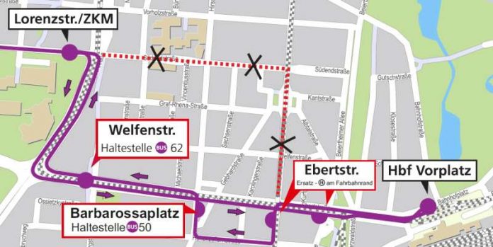 Streckenverlauf der Umleitungsroute für die Buslinie 55 (Grafik: VBK)