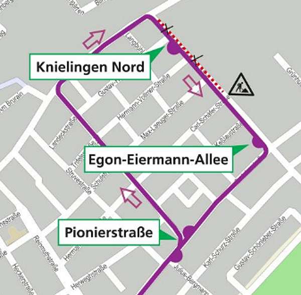 Die Umleitungsroute der Buslinie 76 (Grafik: VBK)