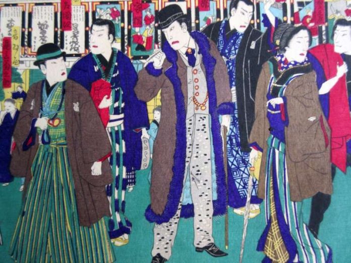 Farbholzschnitt 'Schauspieler vor Kabuki Theater', um 1860-70 (Foto: Museum Angewandte Kunst Frankfurt)