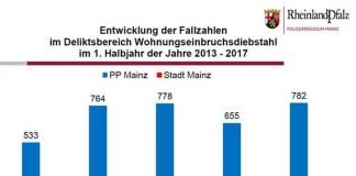 Entwicklung der Fallzahlen im Deliktsbereich Wohnungseinbruchsdiebstahl im 1. Halbjahr der Jahre 2013 - 2017