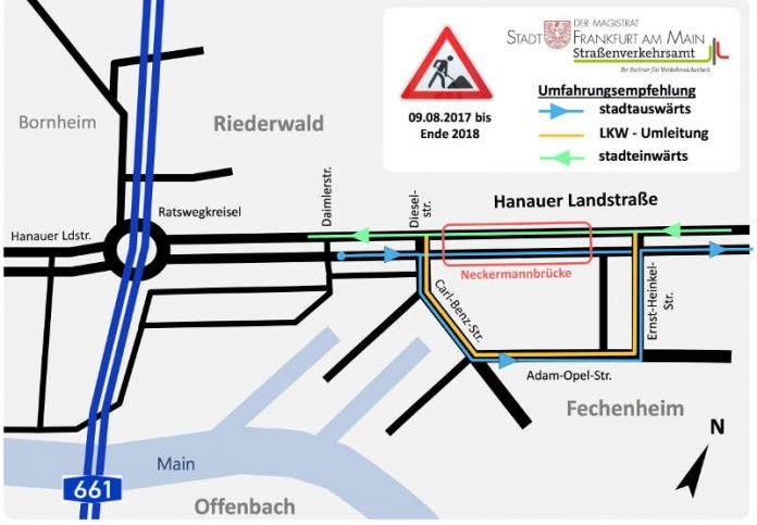 Umfahrungsempfehlung Hanauer Landstraße/Neckermannbrücke (Quelle: Stadt Frankfurt)