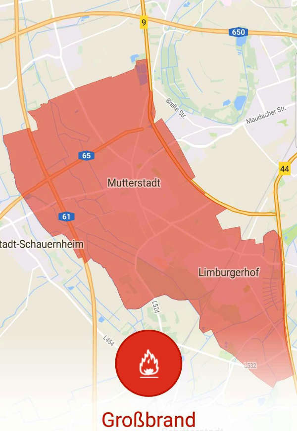 Großbrand in Mutterstadt (Grafik: Katwarn)