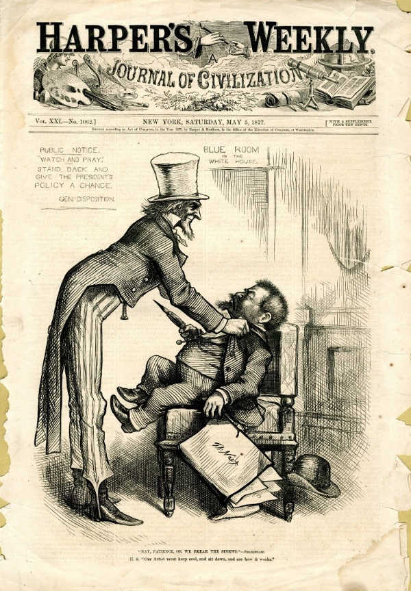 Eine Karikatur mit einem Selbstporträt von Thomas Nast, die im Zusammenhang mit dem Amtsantritt des neuen Präsidenten 1877 stand. (Quelle: Thomas-Nast-Verein Landau in der Pfalz e.V.)