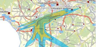 Immobilienbesitzer innerhalb der gelben Zone können Anträge auf baulichen Schallschutz für alle Aufenthaltsräume stellen, Immobilienbesitzer in der blauen Zone für die Schlafräume ihrer Objekte. Anspruchsberechtigt für Zahlungen aus dem Regionalfonds sind Immobilien-Besitzer in allen schraffierten Flächen [Quelle: Geoportal Hessen/Lärmschutzbereiche]