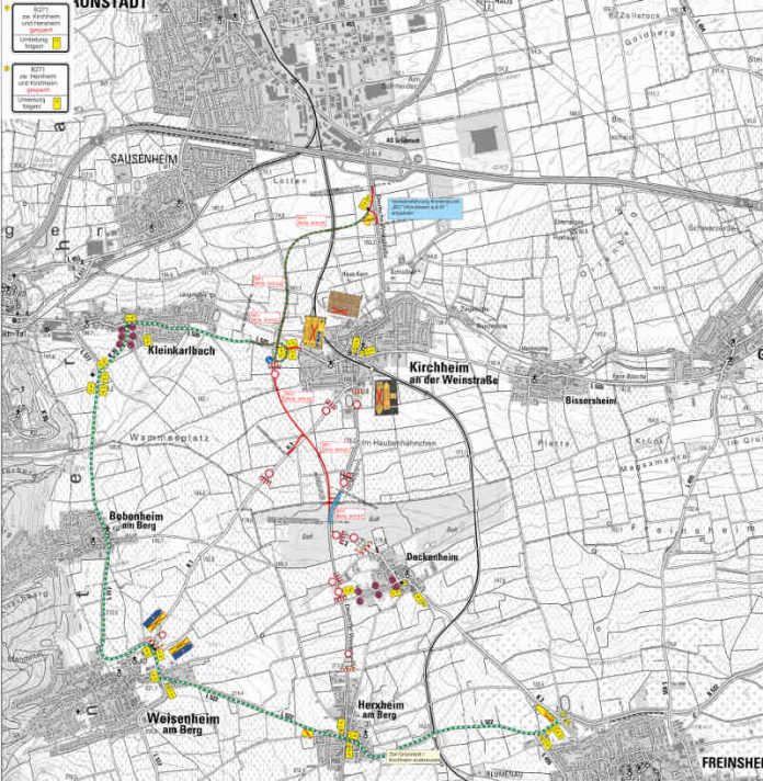 Die Umleitung erfolgt über Kleinkarlbach, Bobenheim am Berg und Weisenheim am Berg und umgekehrt. (Lageplan, Quelle: LBM Worms)