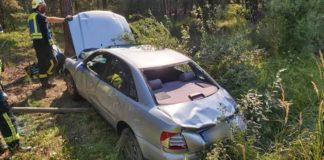 Ein Pkw-Fahrer geriet auf gerader Strecke auf das Bankett, schleuderte und überschlug sich anschließend im Straßengraben, wo er auf dem Dach liegen blieb. (Foto: Feuerwehr Haßloch)