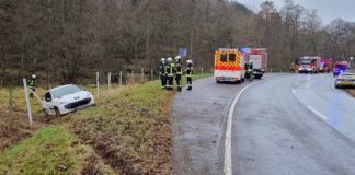 Der PKW kam von der Straße ab (Foto: Feuerwehr VG Lambrecht)